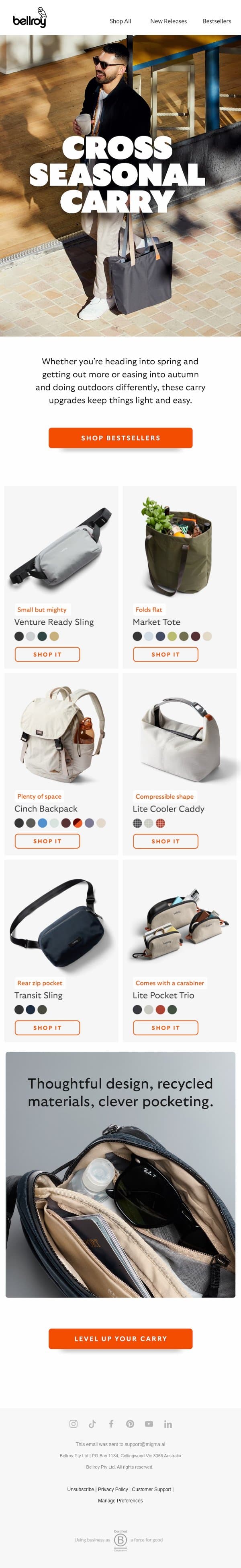 Wherever the season takes you… email from Bellroy screenshot