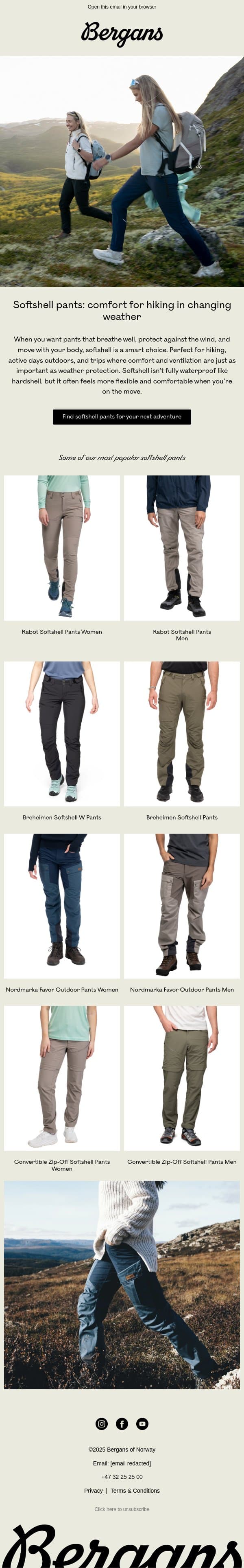 Softshell pants for hikes with greater freedom of movement email from Bergans screenshot