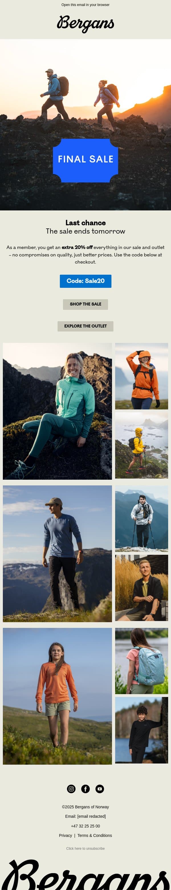 Last chance – extra 20% off sale & outlet email from Bergans screenshot