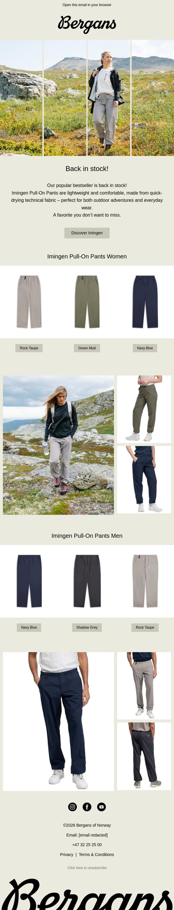 Back in stock – Imingen Pull-On Pants email from Bergans screenshot