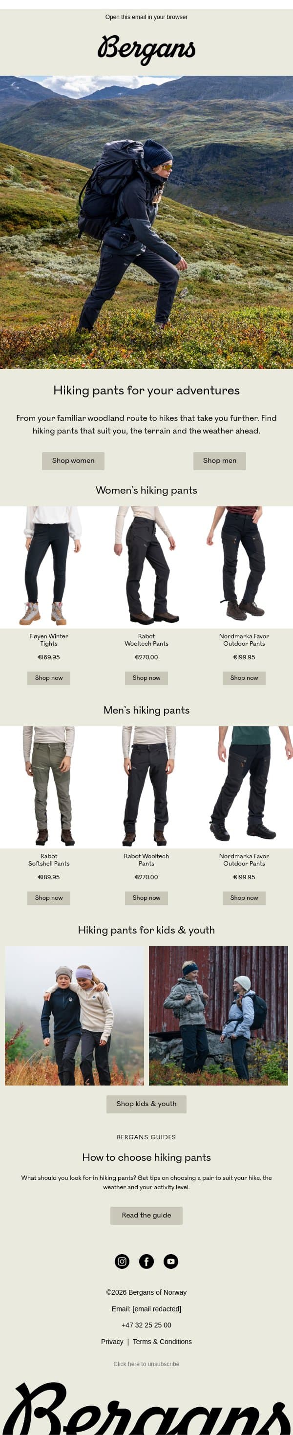 The right hiking pants make every hike better email from Bergans screenshot