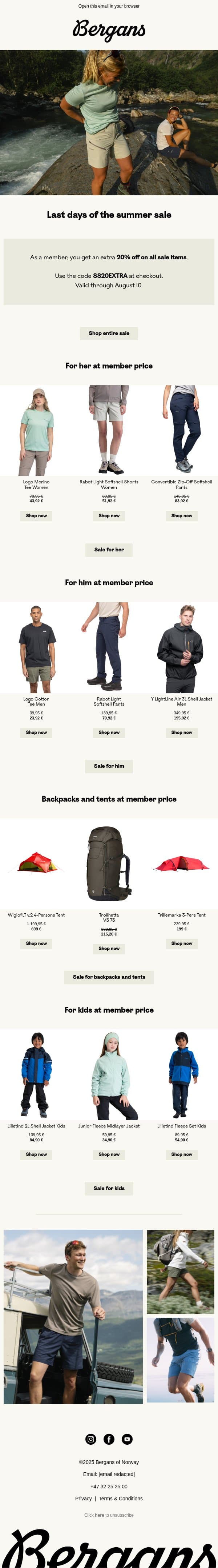 Last days: Extra 20% off on sale email from Bergans screenshot