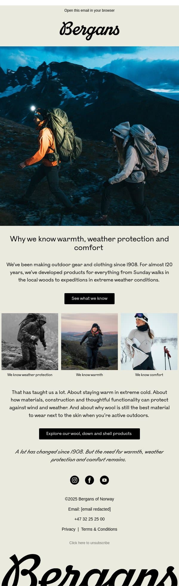 118 years outdoors have taught us a lot email from Bergans screenshot