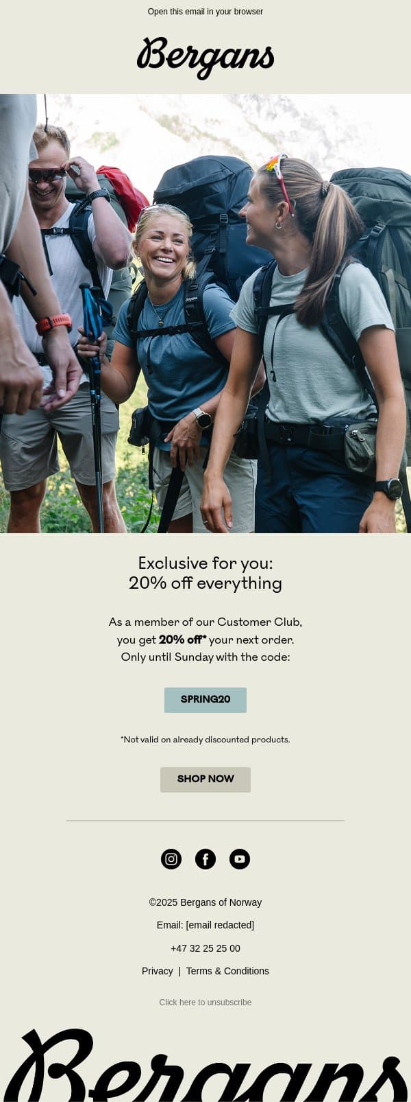 Just for you: 20% off everything! email from Bergans screenshot