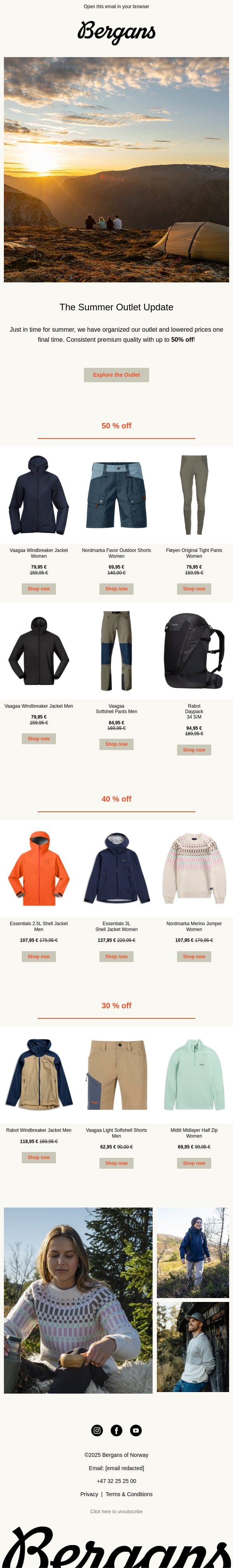Outlet Update: Up to 50% off premium essentials. email from Bergans screenshot