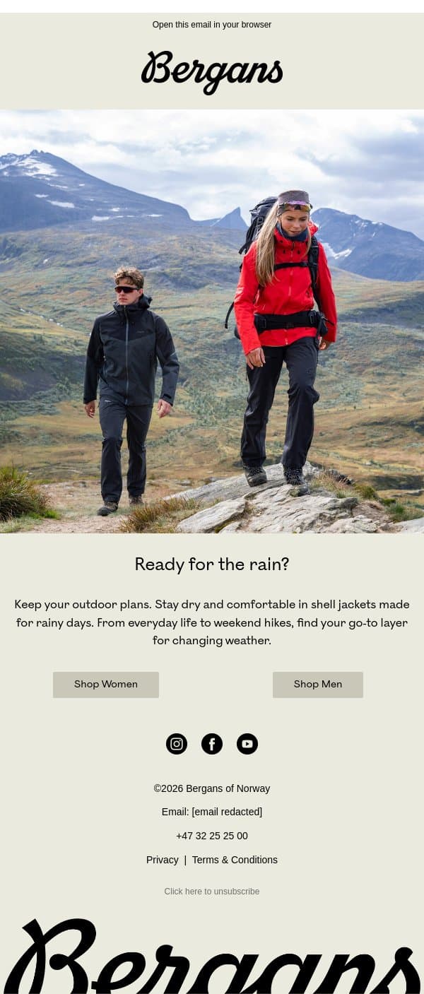 Rainy days. Outdoor plans. email from Bergans screenshot