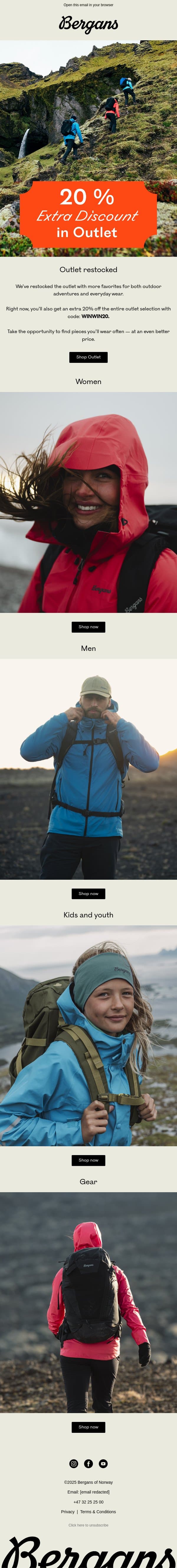 We’ve restocked the outlet with more favorites. Use code WINWIN20 at checkout. email from Bergans screenshot