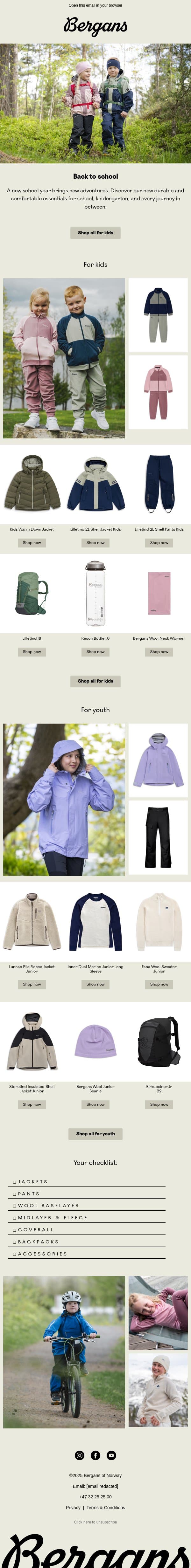 Ready for the new school year? 📓 email from Bergans screenshot