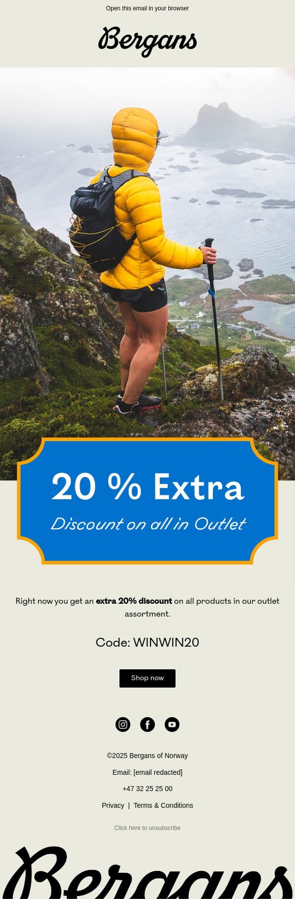 Get an extra 20% off outlet items email from Bergans screenshot