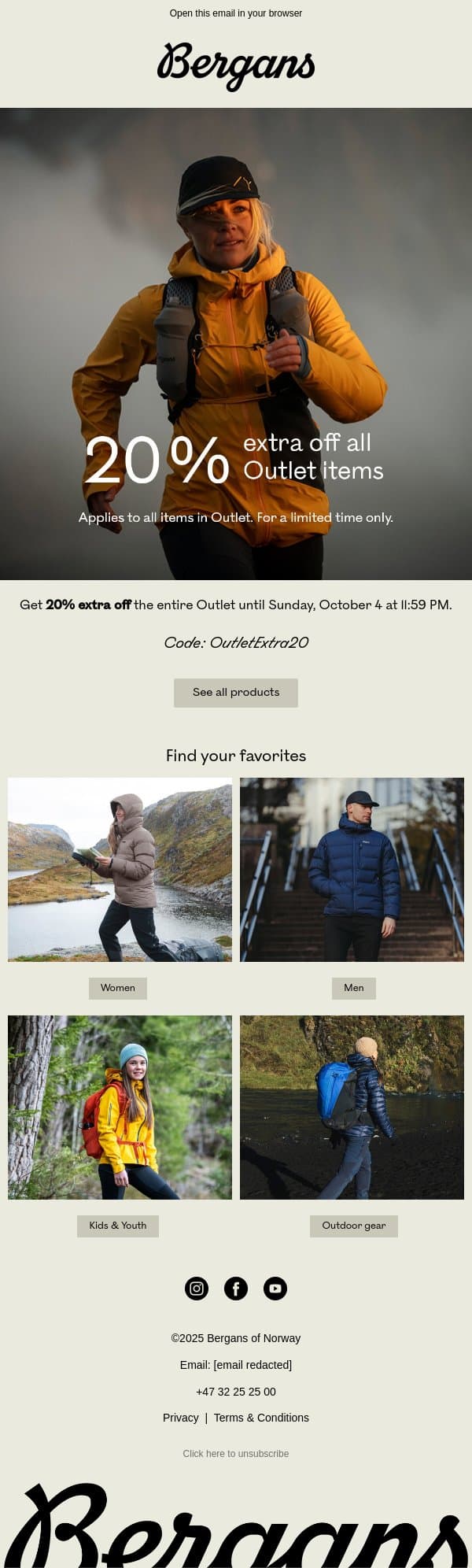 20% extra off Outlet email from Bergans screenshot