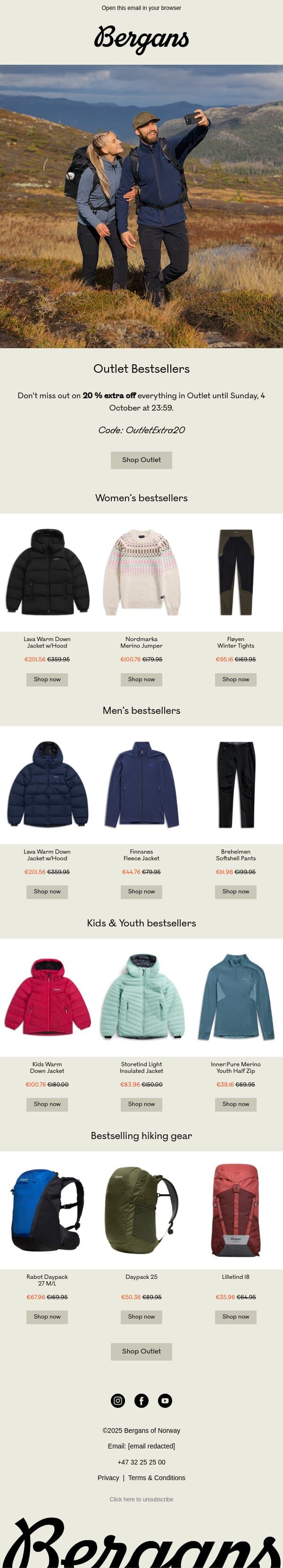 Outlet Bestsellers email from Bergans screenshot