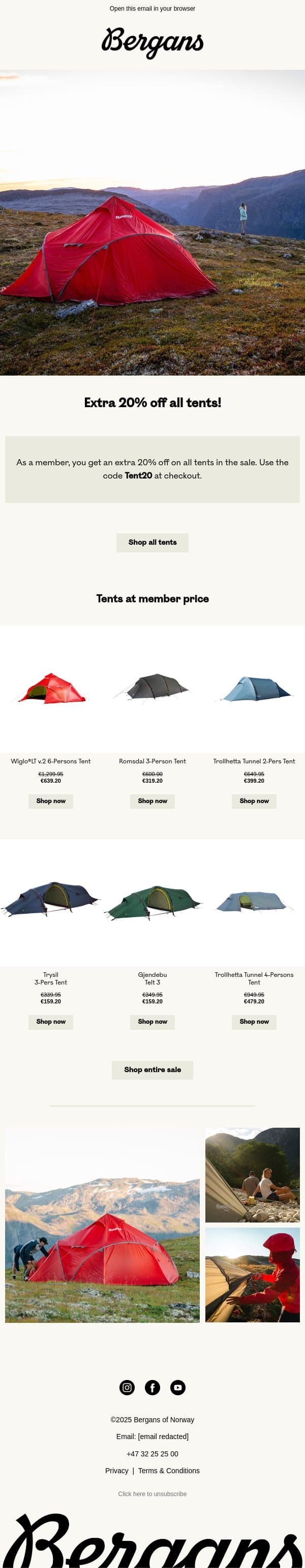 Extra 20% off all tents in our sale! ⛺ email from Bergans screenshot