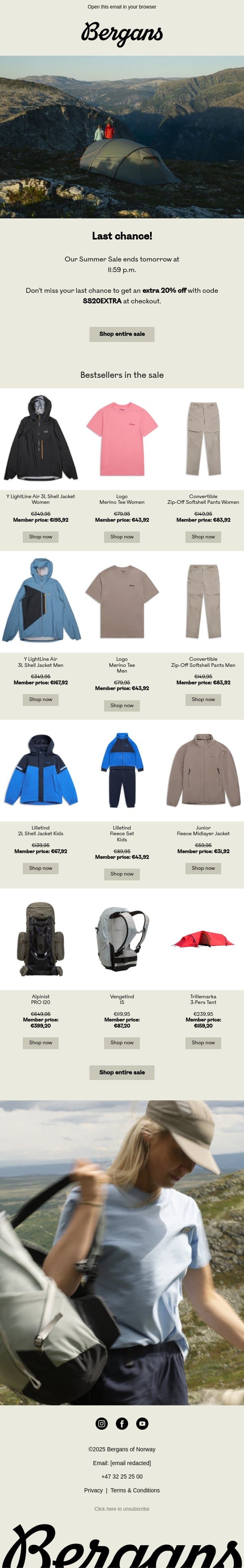 Last chance! Our Sale ends tomorrow email from Bergans screenshot