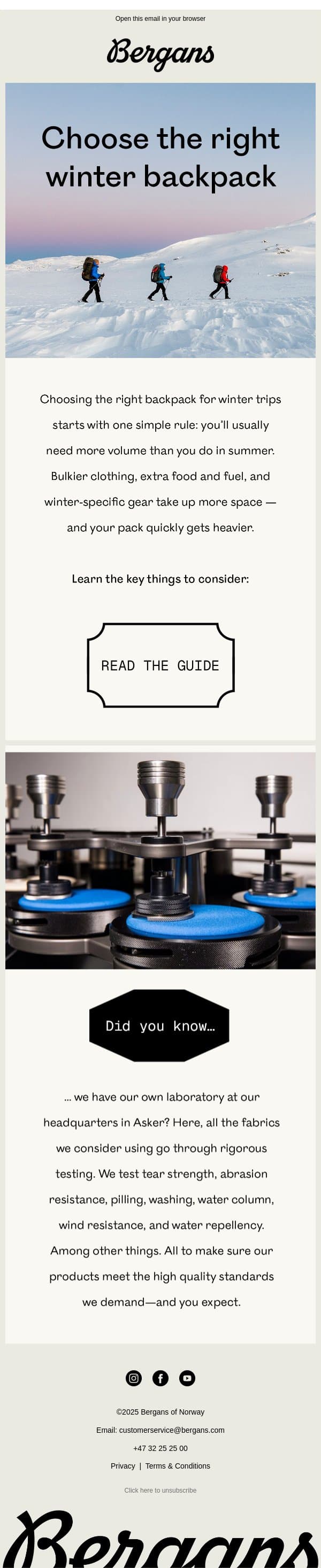 Choose the right winter backpack email from Bergans screenshot