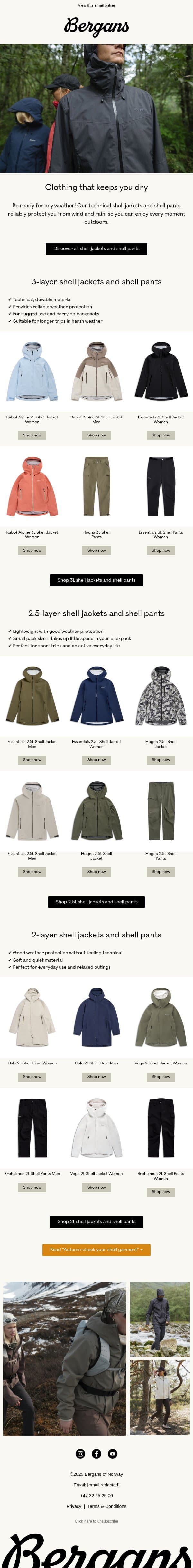 Clothing that keeps you dry email from Bergans screenshot