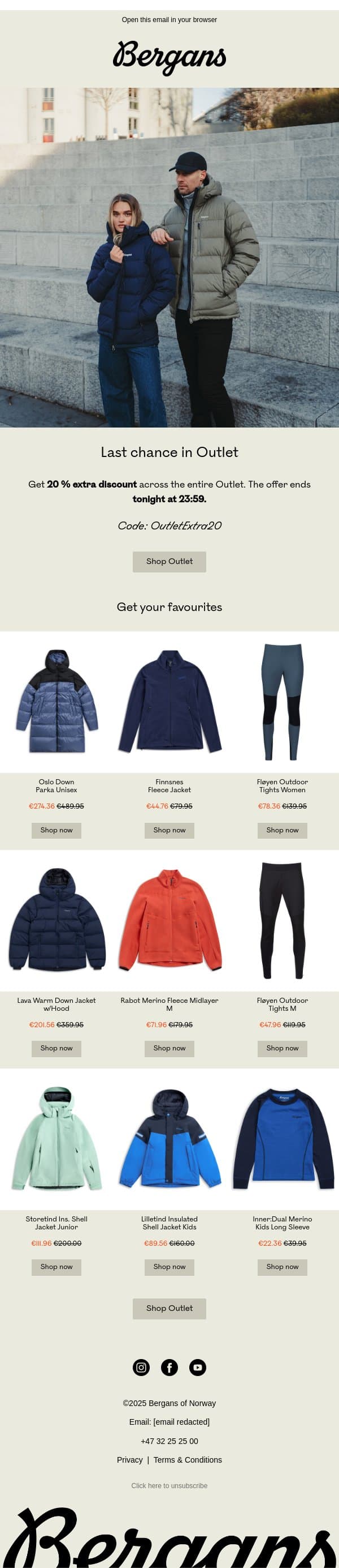 Last chance: 20 % extra discount in Outlet email from Bergans screenshot