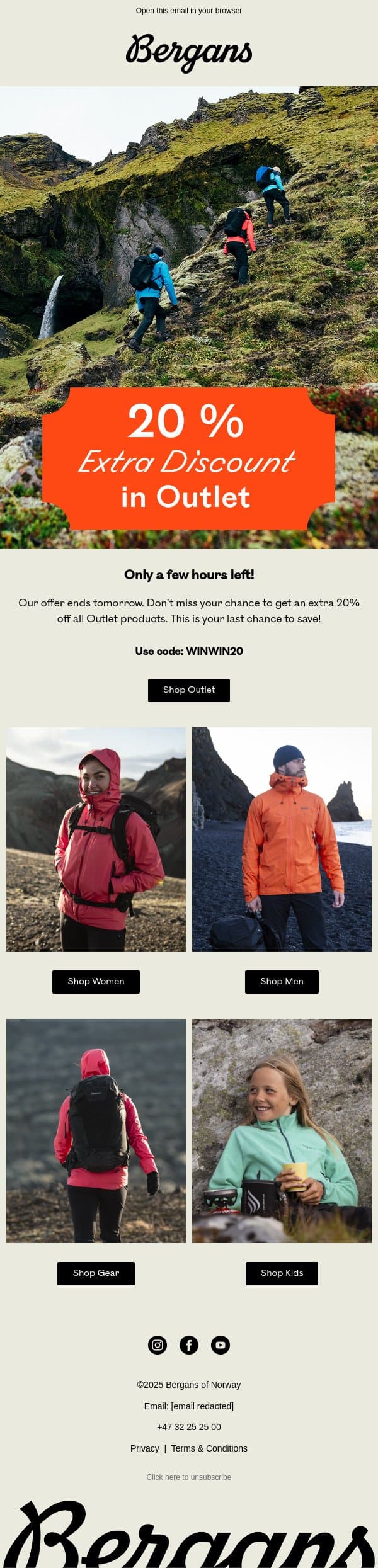 20% extra discount ends tomorrow! email from Bergans screenshot