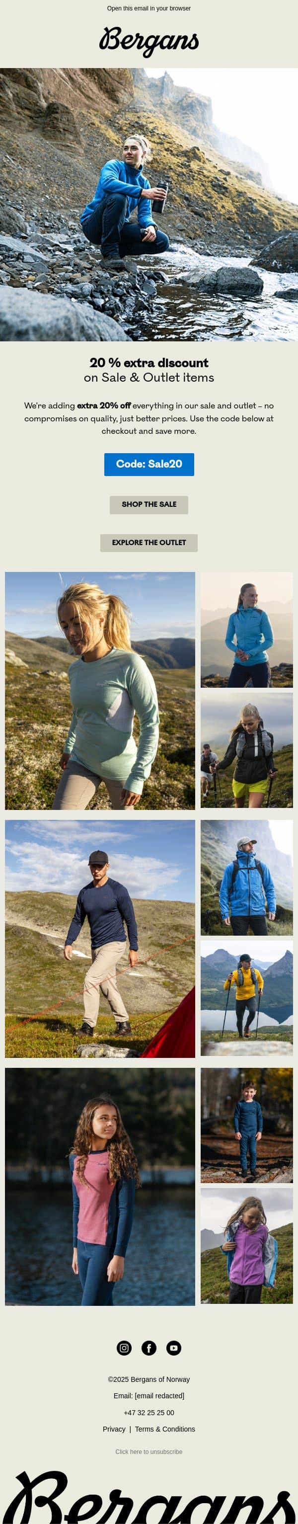 Extra 20% off - now on everything in our Sale and Outlet. email from Bergans screenshot