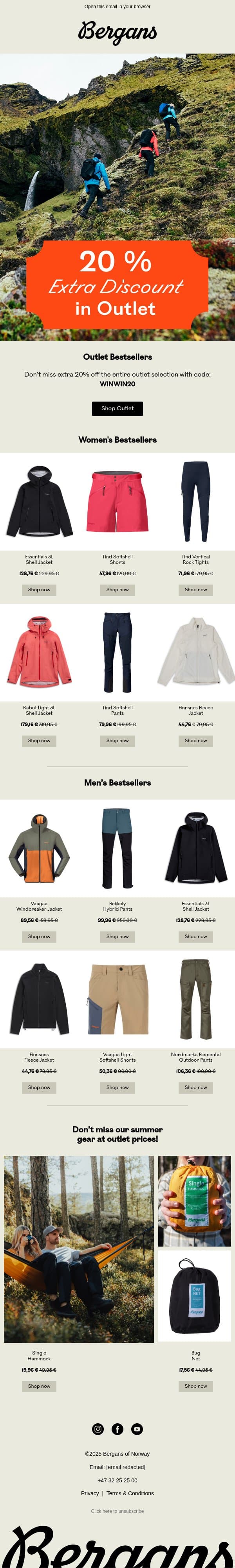 Don’t miss our outlet favorites with an extra 20% discount. email from Bergans screenshot