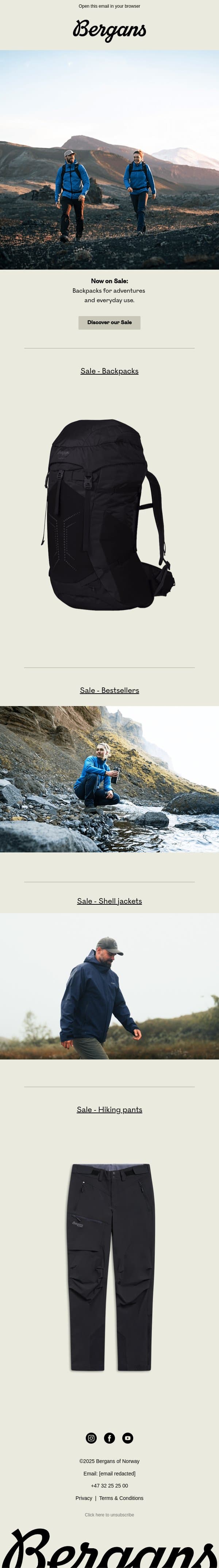 Your next backpack is waiting - up to 50% off. email from Bergans screenshot