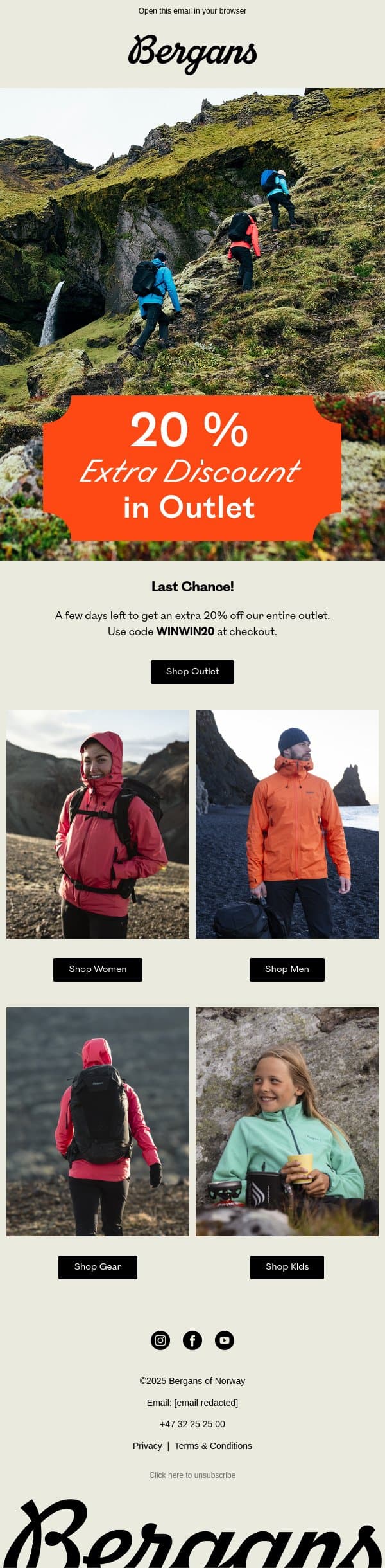 20% extra discount in outlet. Only a few days left. email from Bergans screenshot