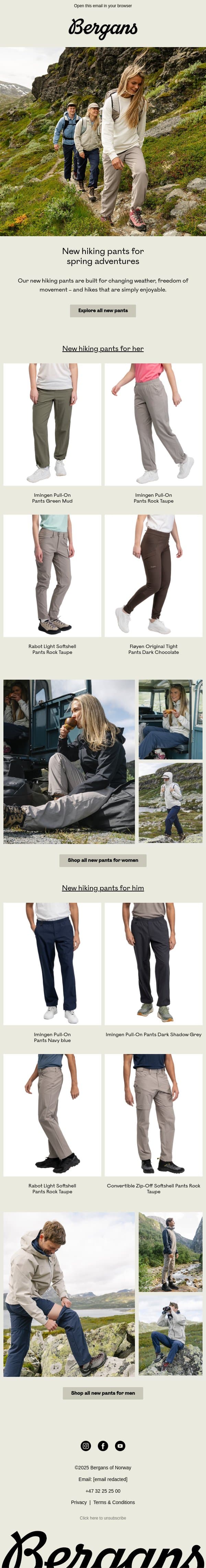 New hiking pants for her and him - light, flexible and ready for the season. email from Bergans screenshot