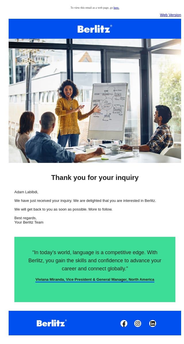 Thank you for your inquiry email from Berlitz screenshot