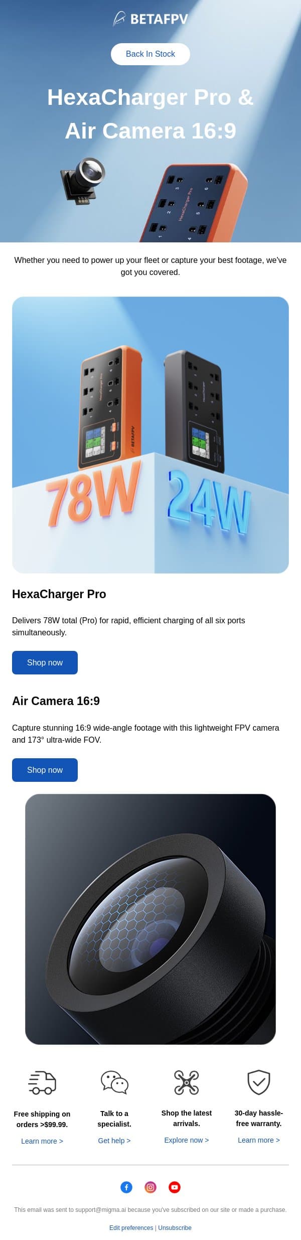 ⚡HexaCharger Pro & Air Camera 16:9 are back in stock! email from BetaFPV screenshot