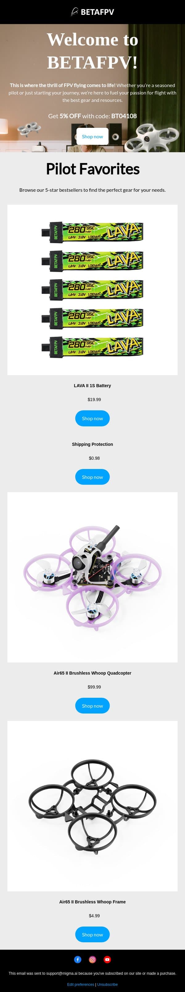 Welcome to BETAFPV email from BetaFPV screenshot