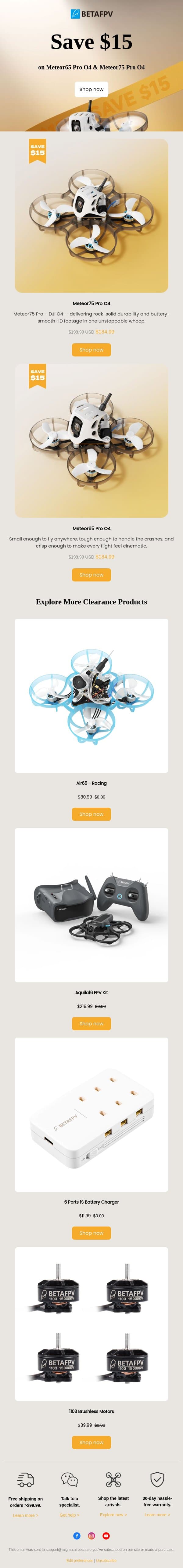 ⚡Save $15 on Meteor65/75 Pro O4 email from BetaFPV screenshot