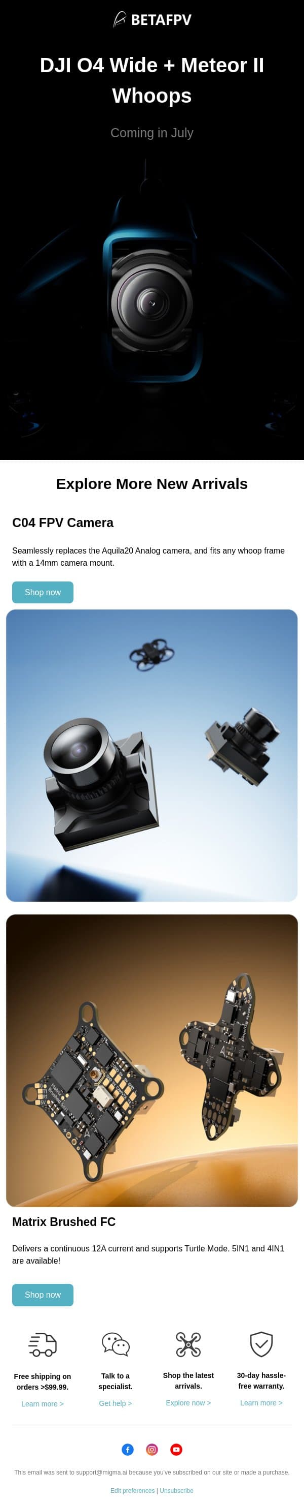 DJI O4 Wide + Meteor II Whoops coming soon! email from BetaFPV screenshot
