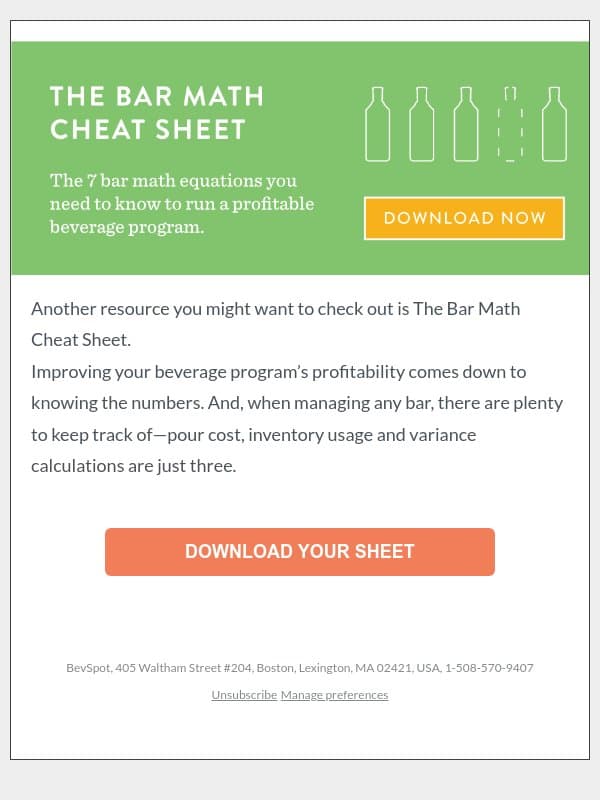 The Bar Math Cheat Sheet email from BevSpot screenshot