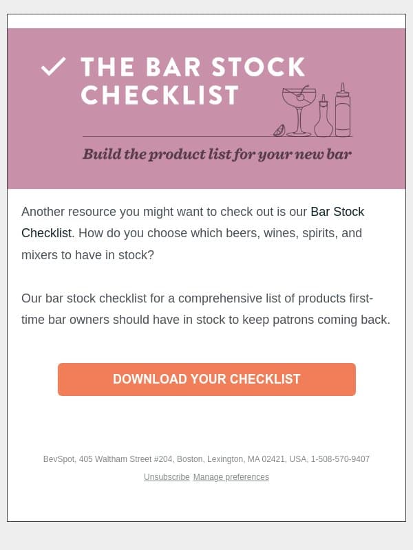 Bar Stock Checklist email from BevSpot screenshot