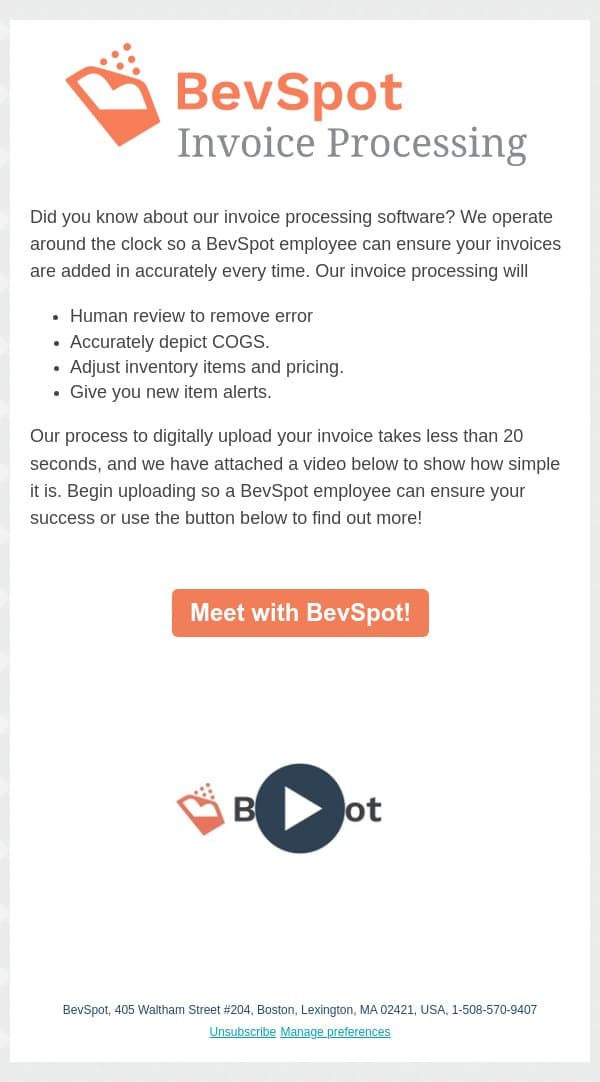 We want to begin your account set up! email from BevSpot screenshot