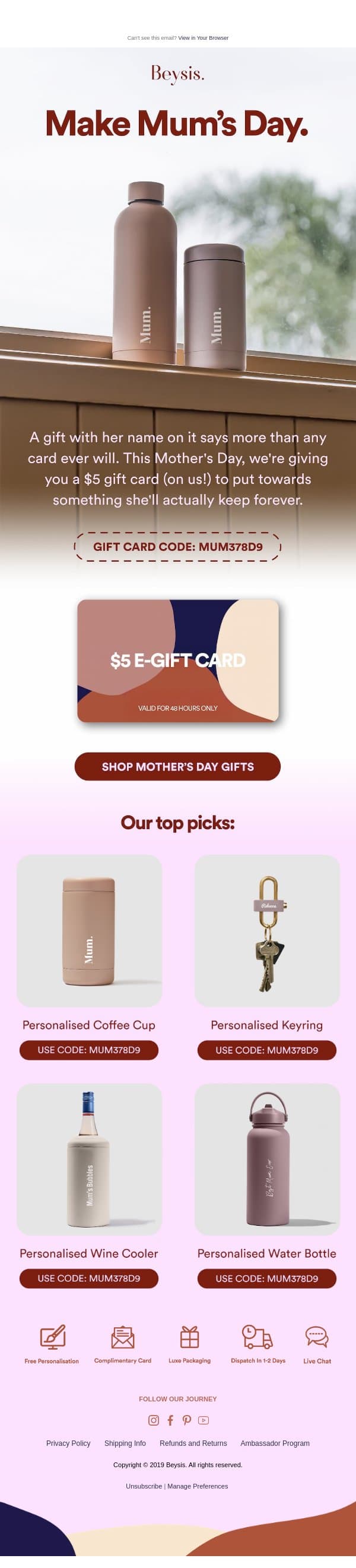 A $5 gift card, on us. email from Beysis screenshot