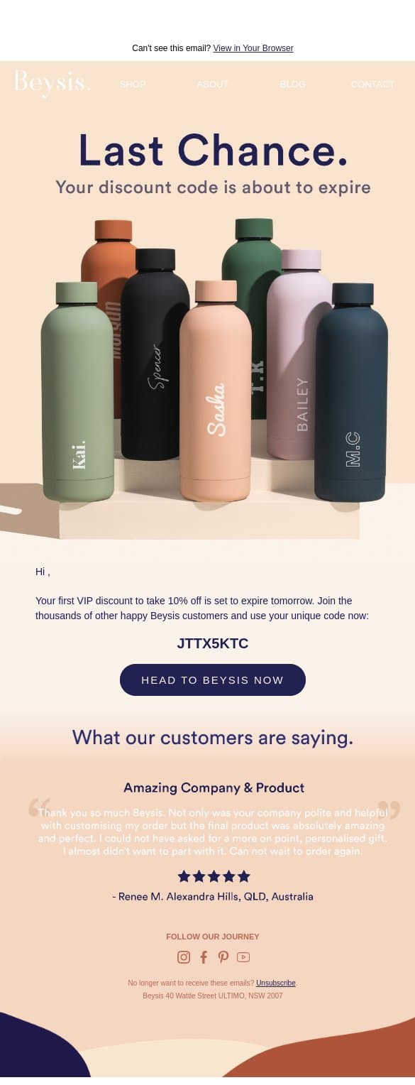 Hey , only 48 hours left to use your discount code 🚨 email from Beysis screenshot