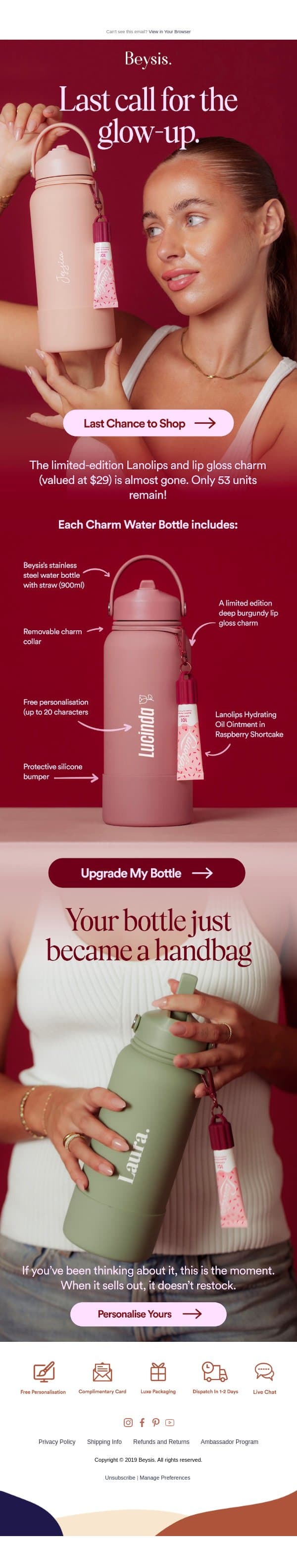 Limited-edition Lanolips and lipgloss charm are nearly sold out. email from Beysis screenshot