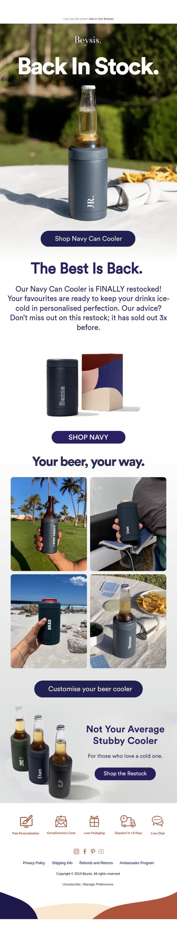 JUST RESTOCKED: Navy Can Coolers 🍺 email from Beysis screenshot
