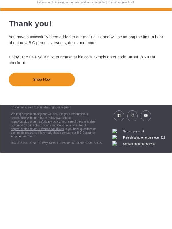 Newsletter subscription success email from BIC