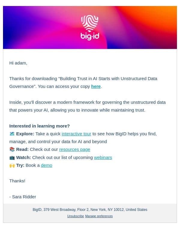 Your copy of "Building Trust in AI Starts with Unstructured Data Governance" email from BigID screenshot