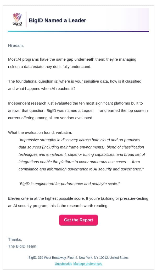You can't govern AI you can't see. Independent research on who solves that. email from BigID screenshot