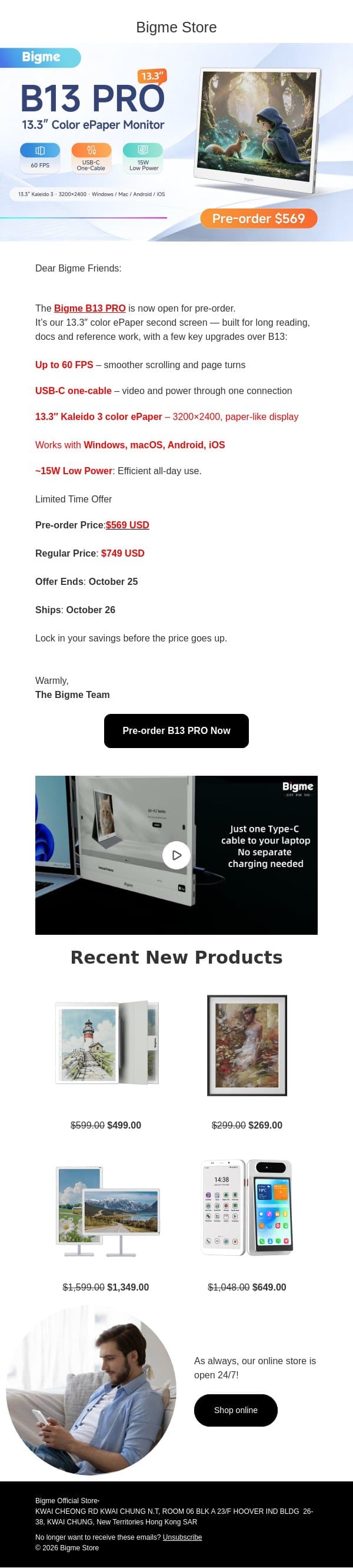 60FPS B13 PRO Monitor Pre-order is Live : $569 Ends Oct 25 email from Bigme screenshot