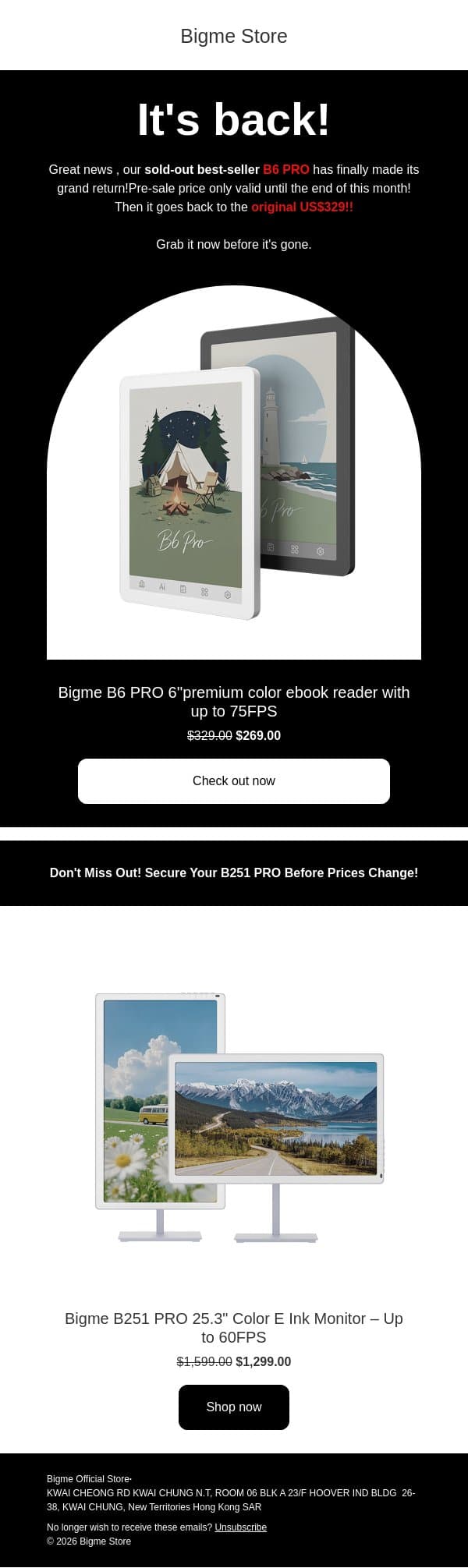 Bigme Restock Alert! B6 PRO & B251 PRO Pre-sale Ends Soon 🔥 email from Bigme screenshot