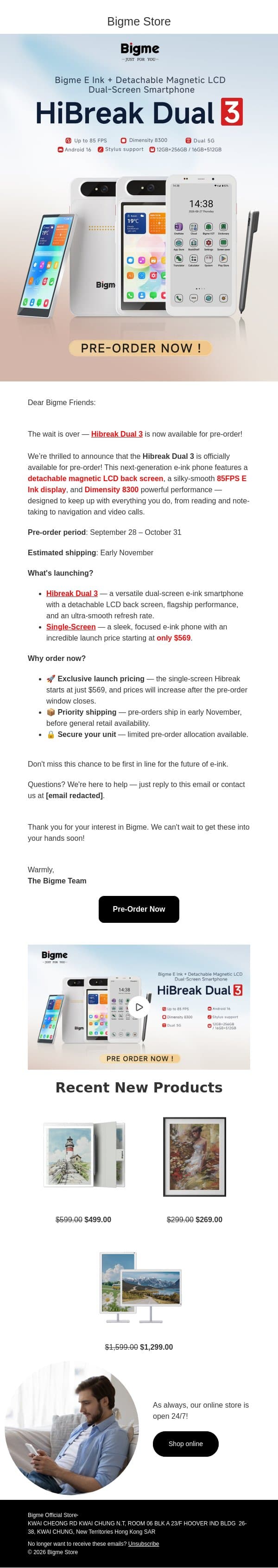 Hibreak Dual 3 Pre-Order Is Live — Single-Screen from $569 email from Bigme screenshot