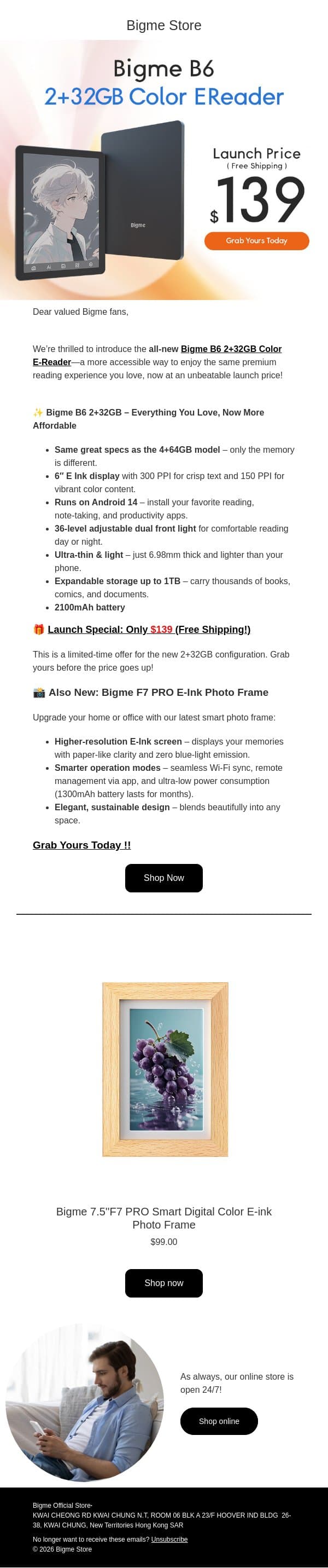 🎉 Bigme B6 2+32GB Color E‑Reader Launch! Only $139 (Free Shipping) + Meet the New F7 PRO E‑Ink Photo Frame email from Bigme screenshot