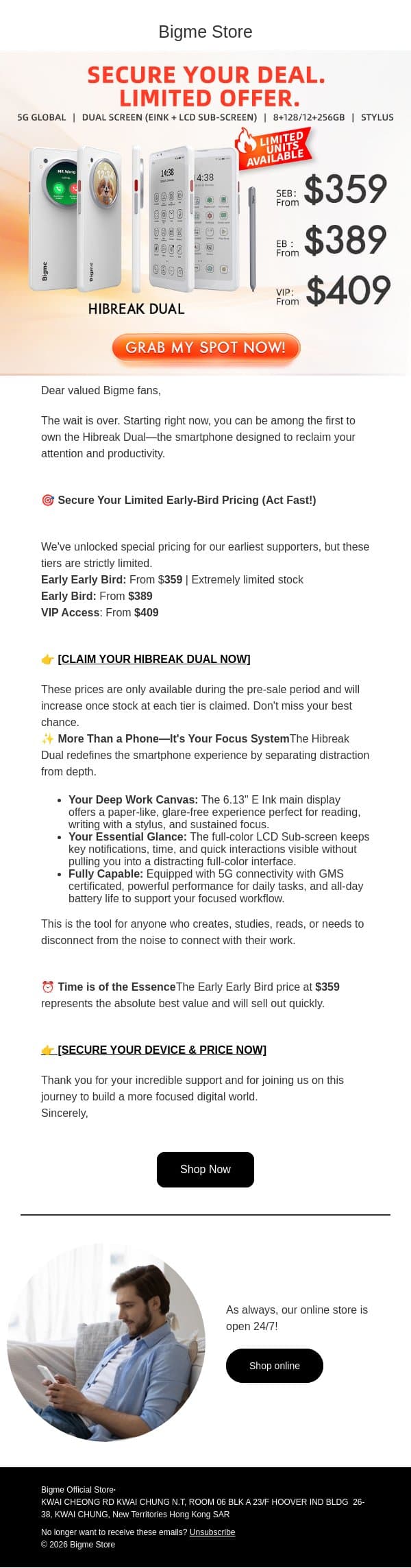 🚀 It's Live! The Hibreak Dual Pre-Sale Is Now Open email from Bigme screenshot