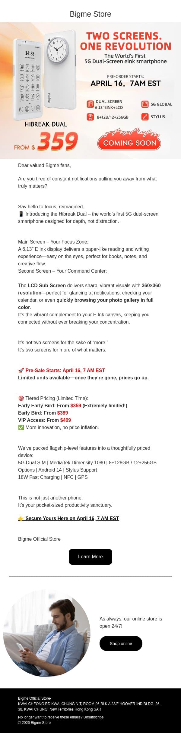 📅 Your Invitation: Hibreak Dual Eink+LCD 5G Smartphone Pre-Sale Starts Soon! email from Bigme screenshot