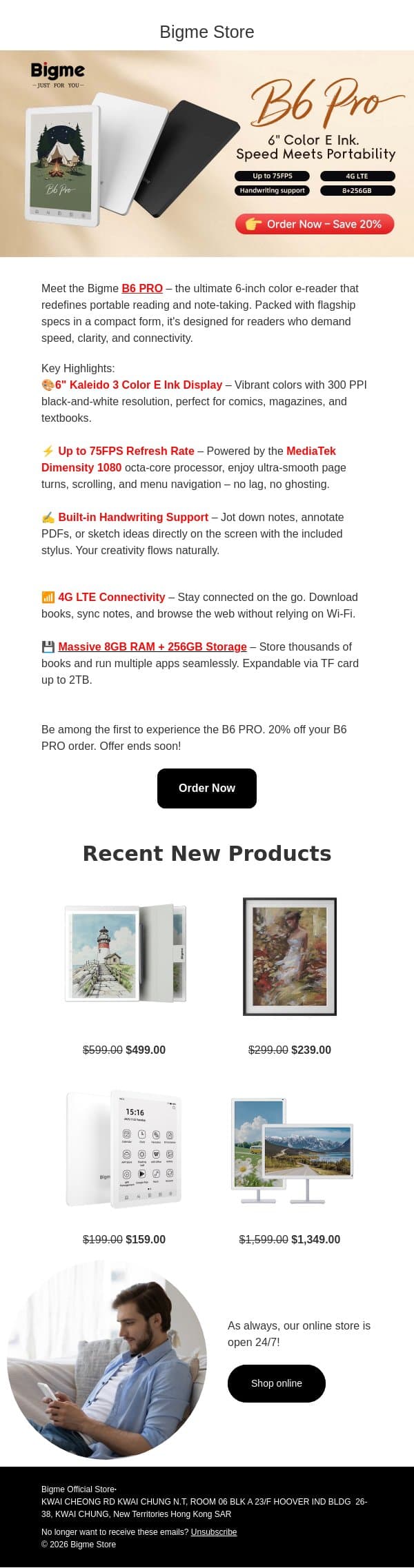 Bigme B6 PRO – 6" Color E Ink, 75FPS, Stylus support,8+256GB,4G LTE, Now Available! email from Bigme screenshot
