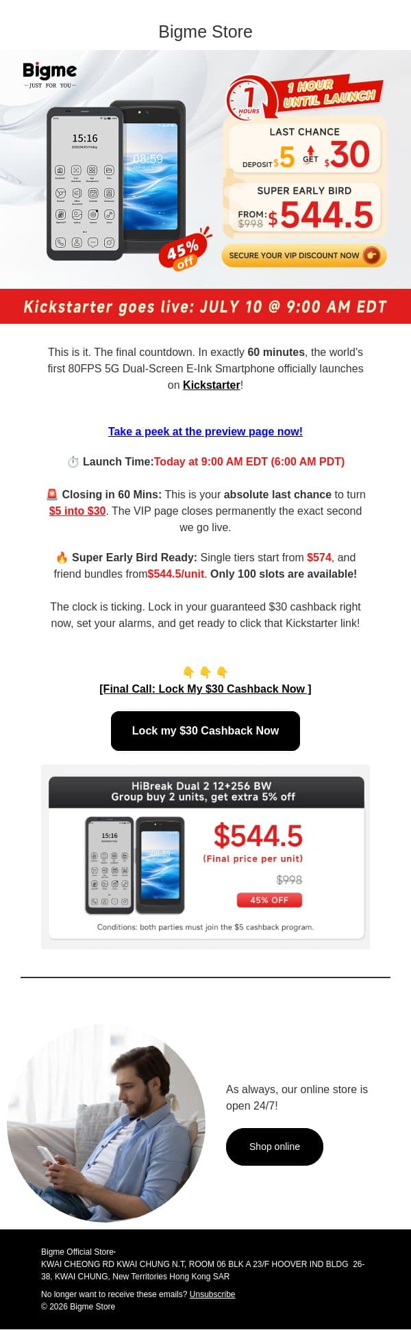 ⏰Bigme HiBreak Dual2 Will Be Available On Kickstarter In 1 HOUR!! email from Bigme screenshot