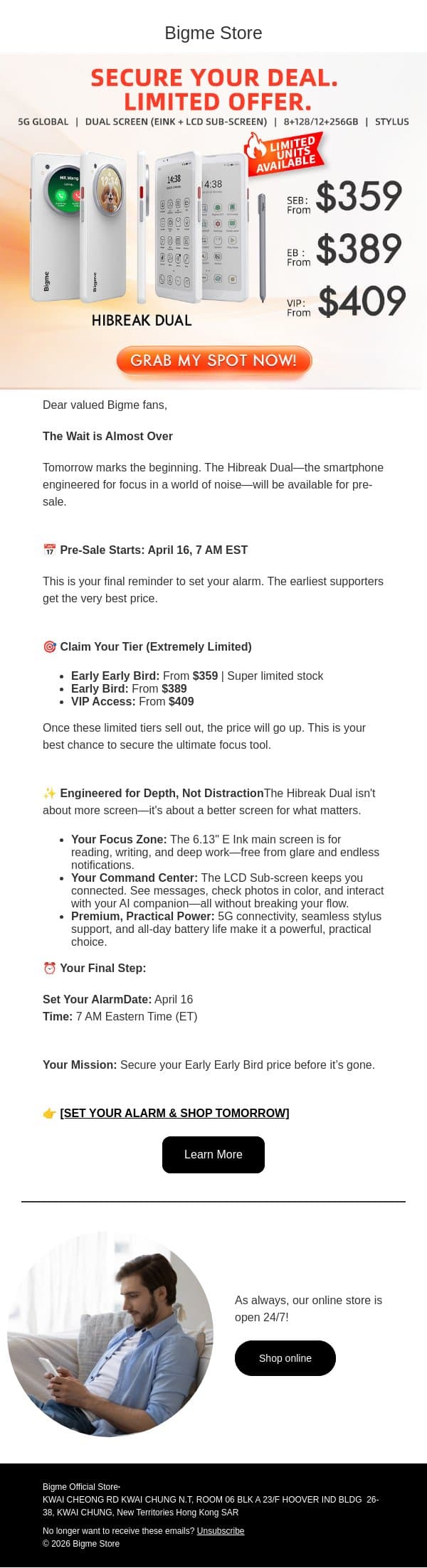 ⏰ Last Call: Hibreak Dual Pre-Sale Starts Tomorrow! email from Bigme screenshot